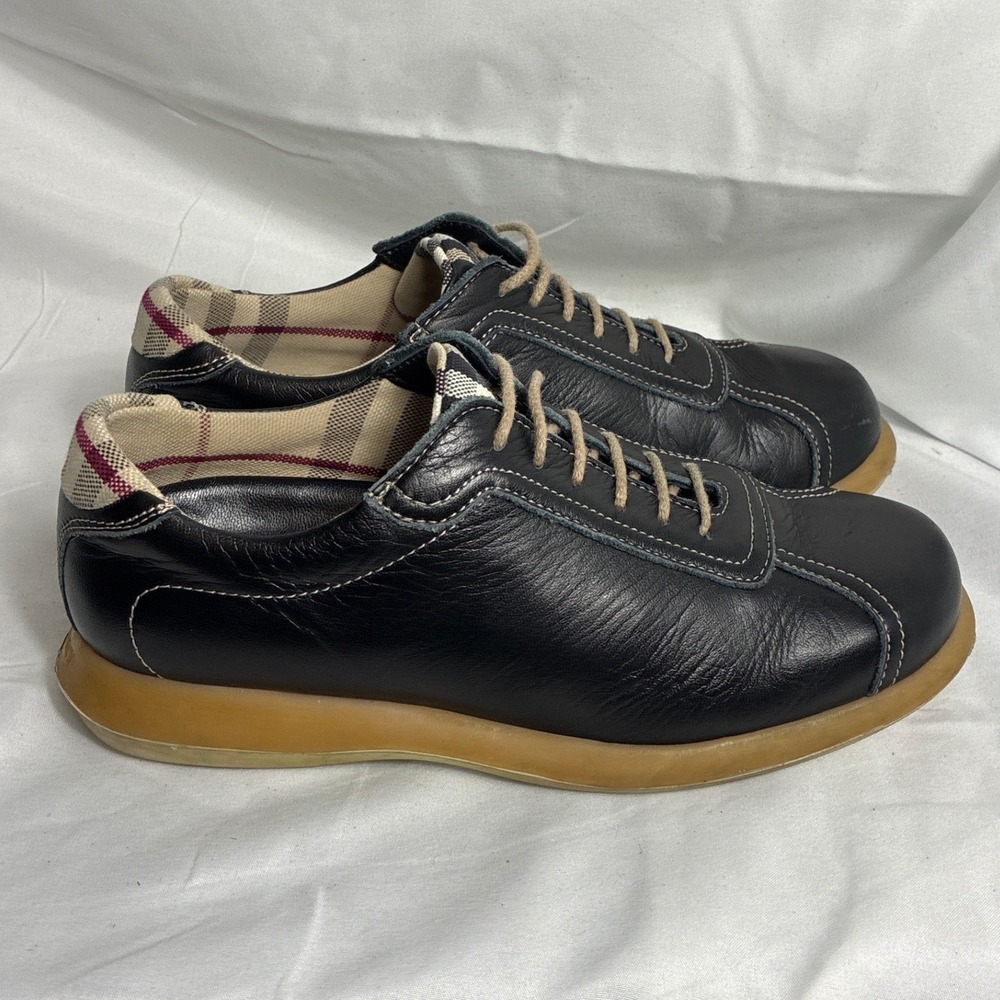 Burberry Black Leather Nova Check Trim Low Top Sneakers Shoes Size 35 - Picture 3 of 8